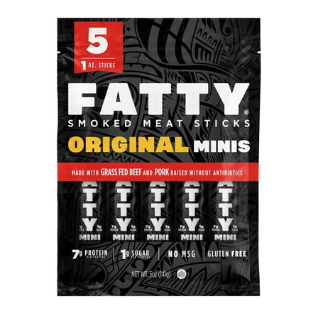 FATTY Mini Meat Sticks, Made with Grass Fed Beef, Pork Raised Without Antibiotics, 7g Protein Per Stick, Original Minis, Valentine's Day Gift For Him, 1 oz. Snack Size (Pack of 5)