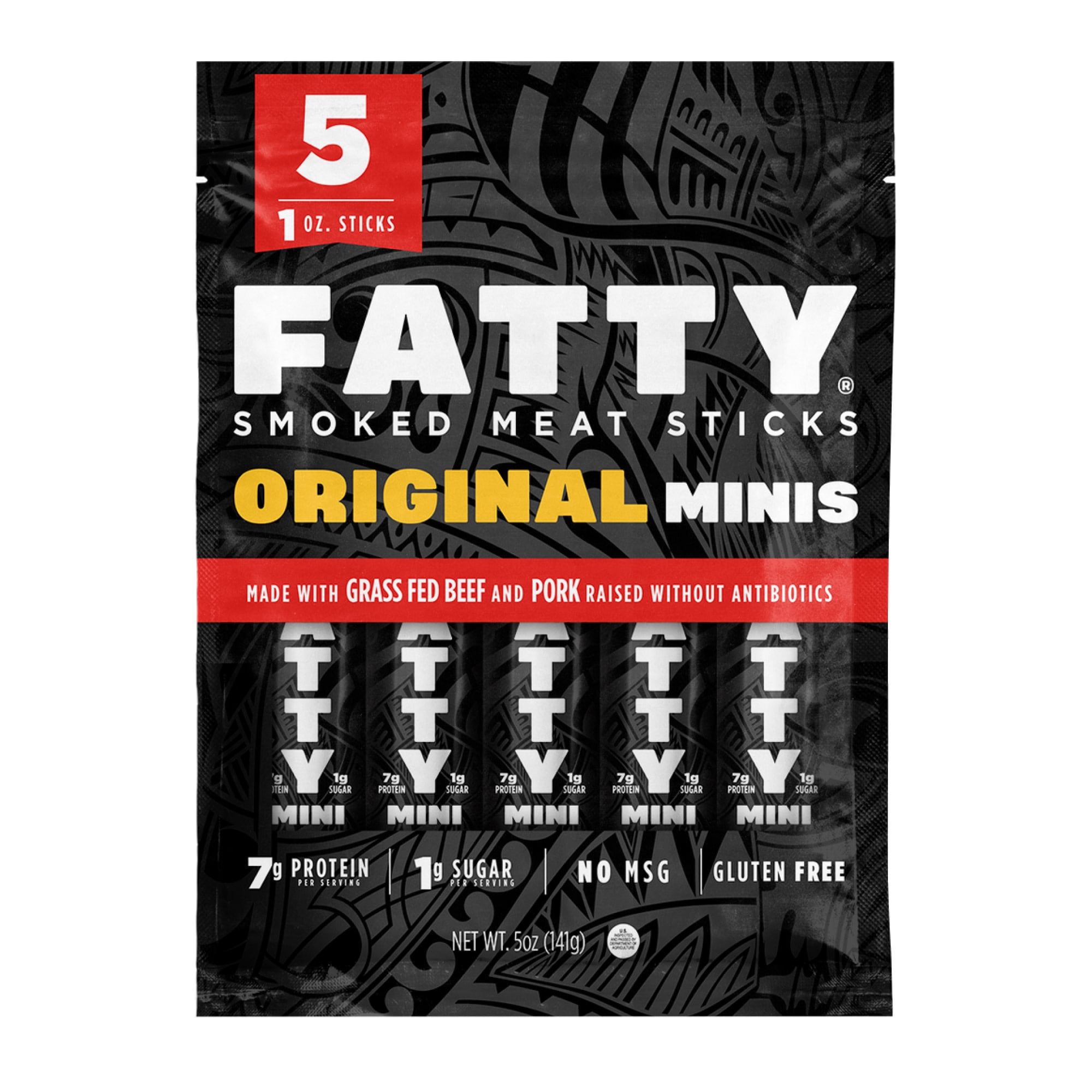 FATTY Mini Meat Sticks, Made with Grass Fed Beef, Pork Raised Without Antibiotics, 7g Protein Per Stick, Original Minis, Lunchbox Snacks, 1 oz. Snack Size (Pack of 5)