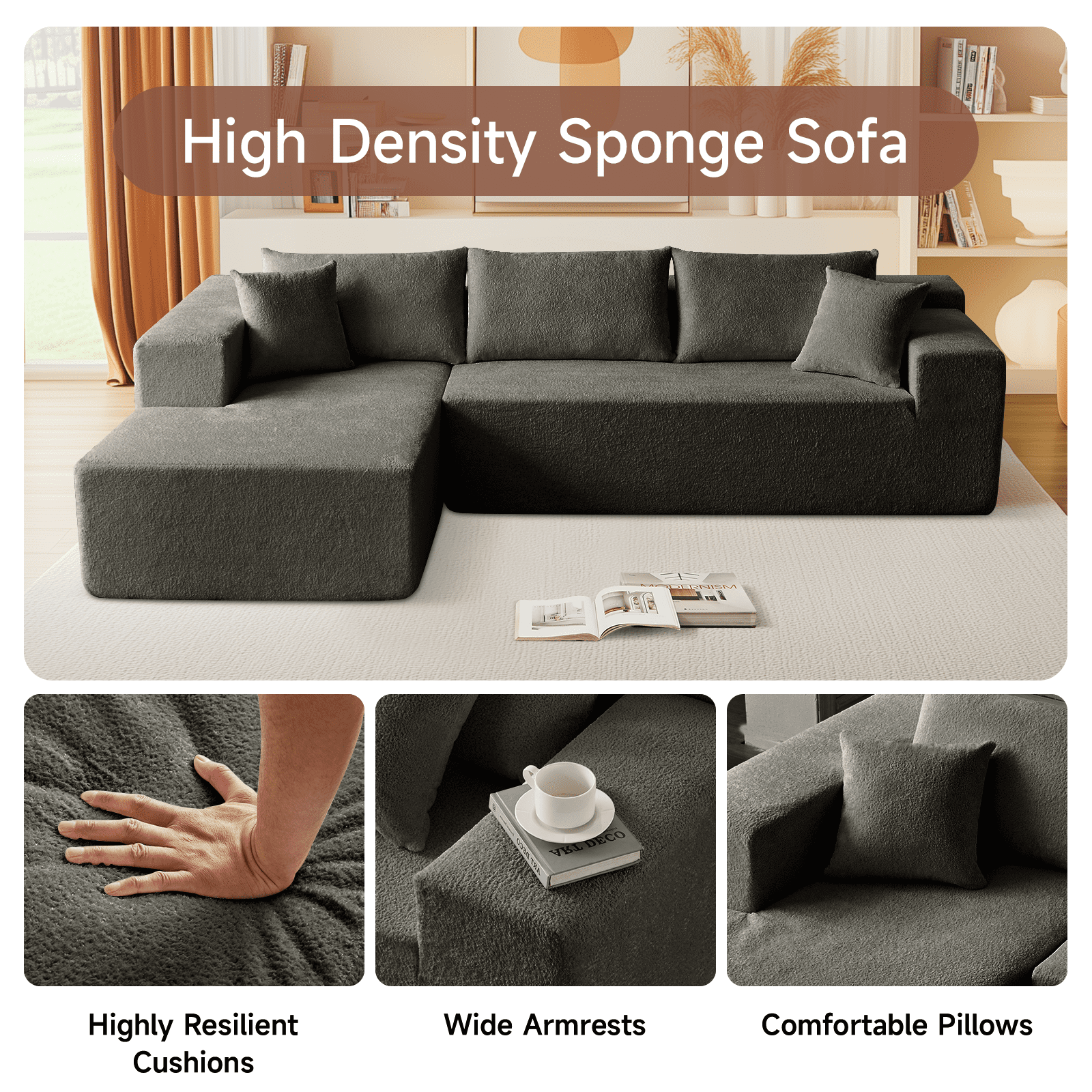 104" Sectional Sofa, L-Shaped Modern Modular High-Density Sponge Corner Sofa with Chaise Lounge & Pillows, Upholstered Cloud Couch for Living Room Bedroom Apartment