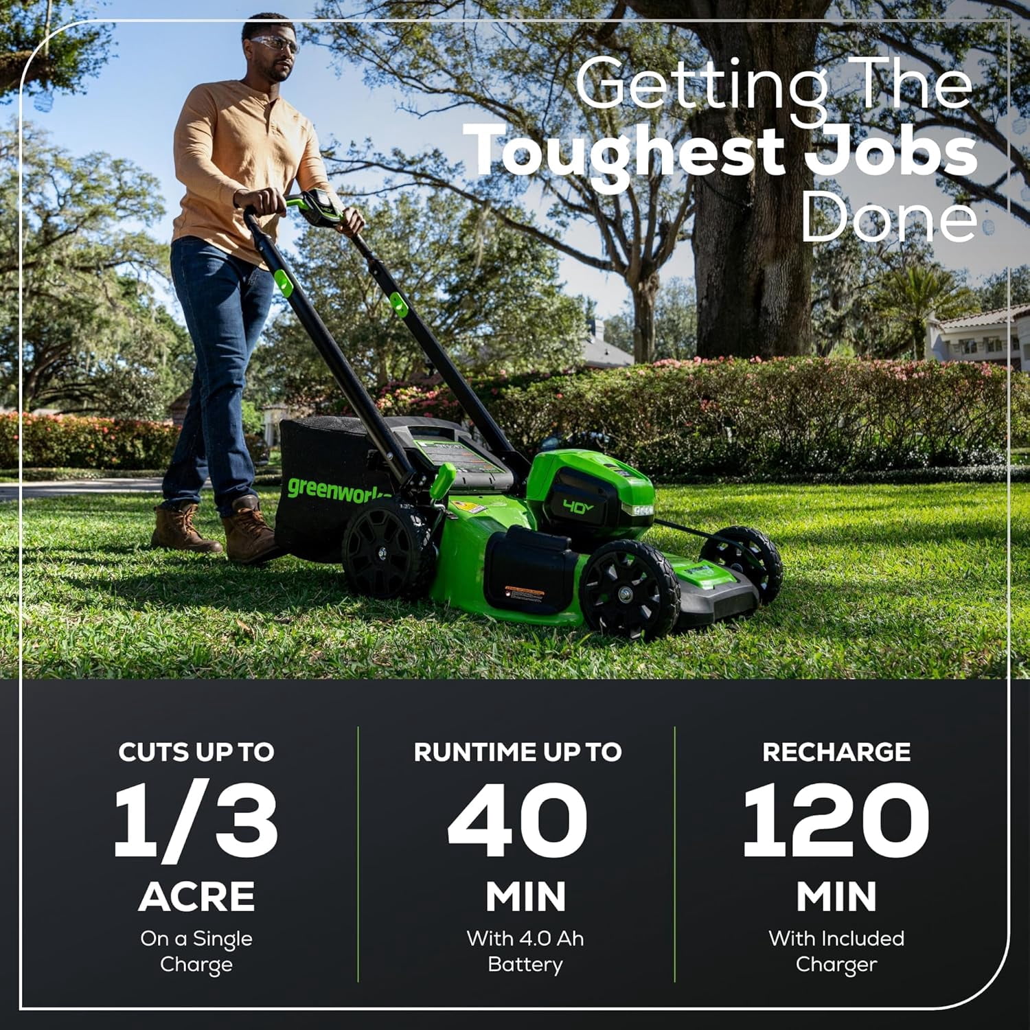 Greenworks 40V 20" Cordless Battery Push Lawn Mower, 13" String Trimmer and 350 CFM Leaf Blower with 4.0Ah Battery and Charger