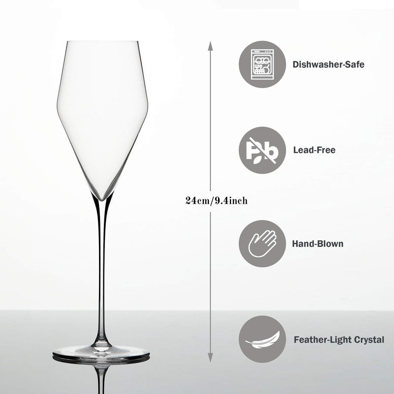 Set of 2 Ultra-Thin and Light Lead-Free Crystal Champagne Flutes, Hand-Blown Glass with Precision-Angled Curve, Perfect for Champagne, Prosecco, Sparkling Wine, Cava and Spumante