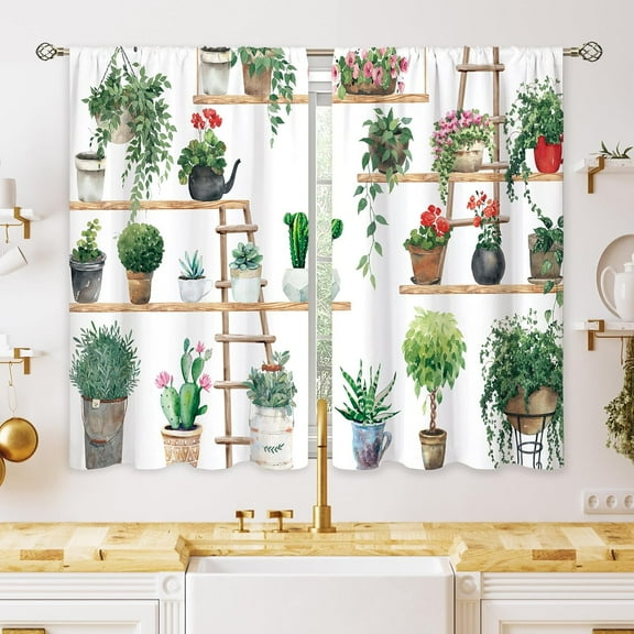 Boho Plant Floral Kitchen Curtains, Flower Plant Small Window Treatment, Green Leaf Cafe Short Window Curtains for Bathroom Dining Laundry Room, Farmhouse Nature Botanical Drapes 27.5x39 inch