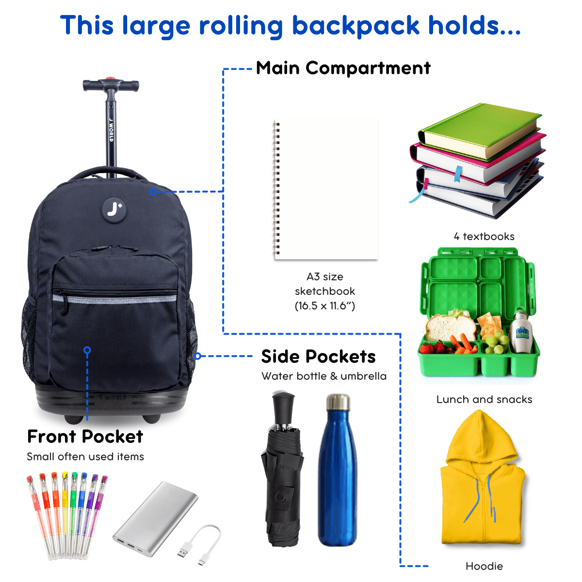 J World Boys and Girls Sunrise 18" Rolling Backpack for School and Travel, Black