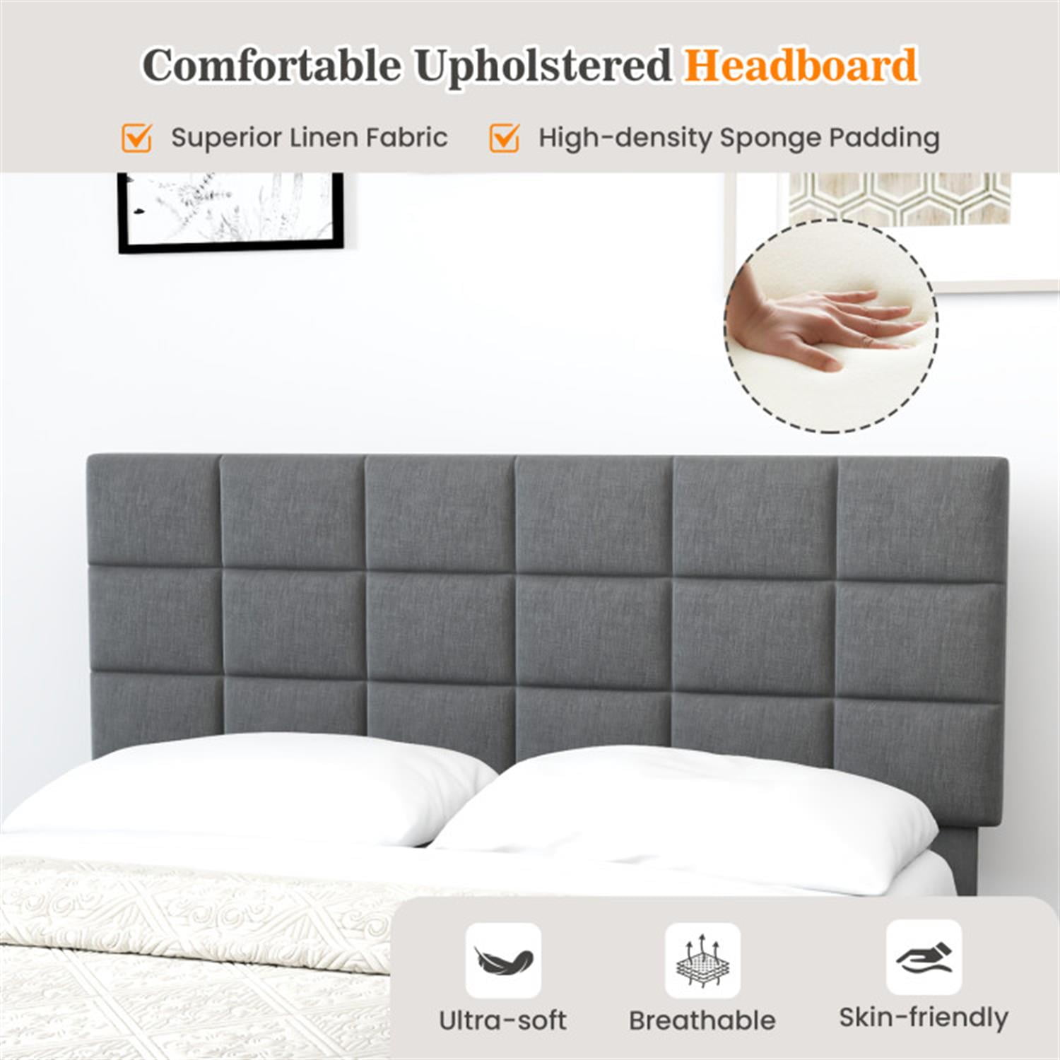 Demi Bonn Queen Size Bed Frame with Adjustable Headboard, Modern Linen Platform Bed Frame with 10 Strong Wood Slat Support, No Box Spring Needed, Gray