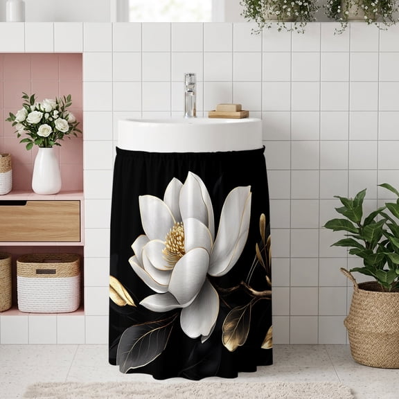 Gorgeous Flowers Small Cabinet Curtain 11''x13'', White Gold Floral Botanicals Black Bathroom Sink Skirt for Kitchen Vanity Pedestal, Laundry Privacy Drape Waterproof Dishwasher Curtains