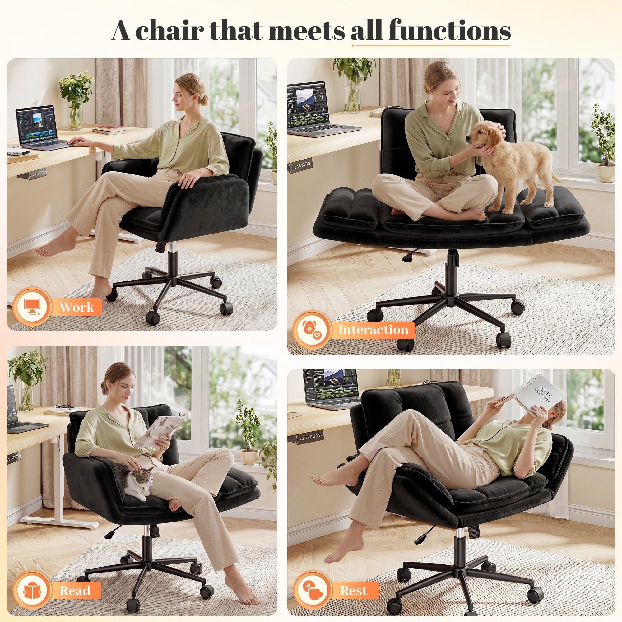 Romorgniz Criss Cross Chair with Wheels Plush Fleece Vanity Chair with 5-Gear Adjustable Armrests Ergonomic Office Chair for Home Office, Black
