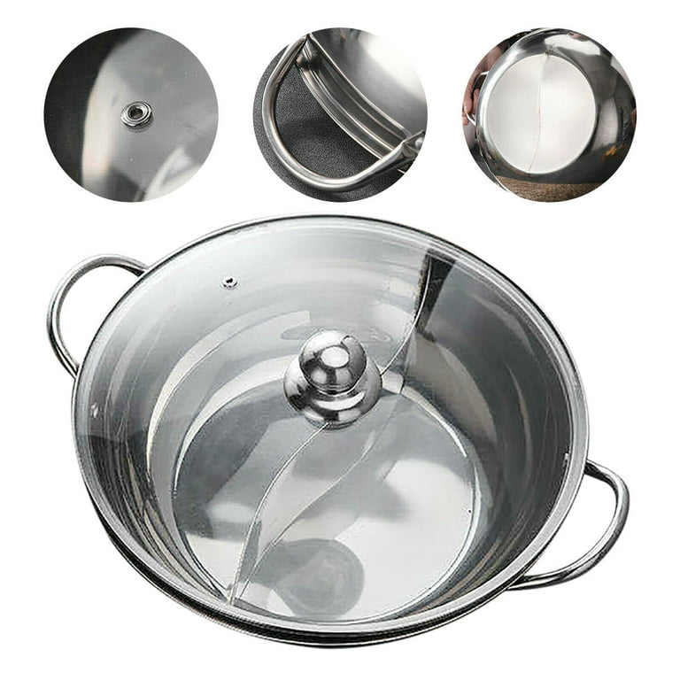 DENEST 12'' Shabu Hot Pot Dual Site Divider Stainless Steel with Glass Lid  
