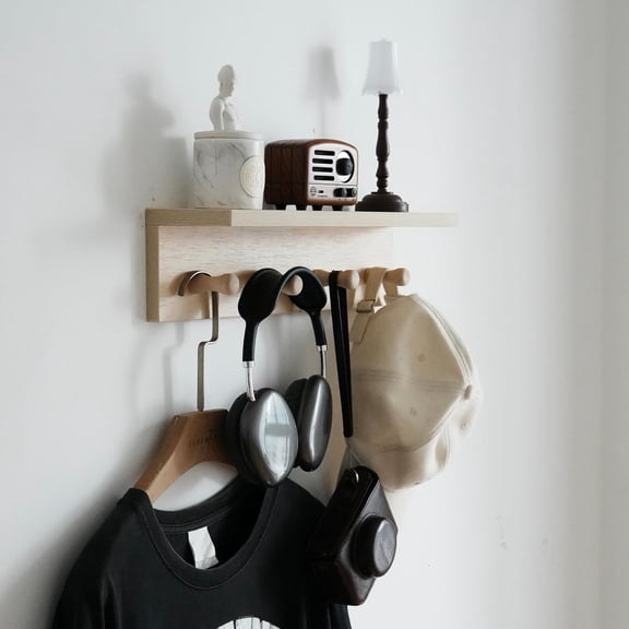 Entrance Coat Rack ，Coat Hooks, Wall-Mounted Wooden Hook Rack, Wall-Mounted Shelves are Very Suitable (Oak Colo Finish-)