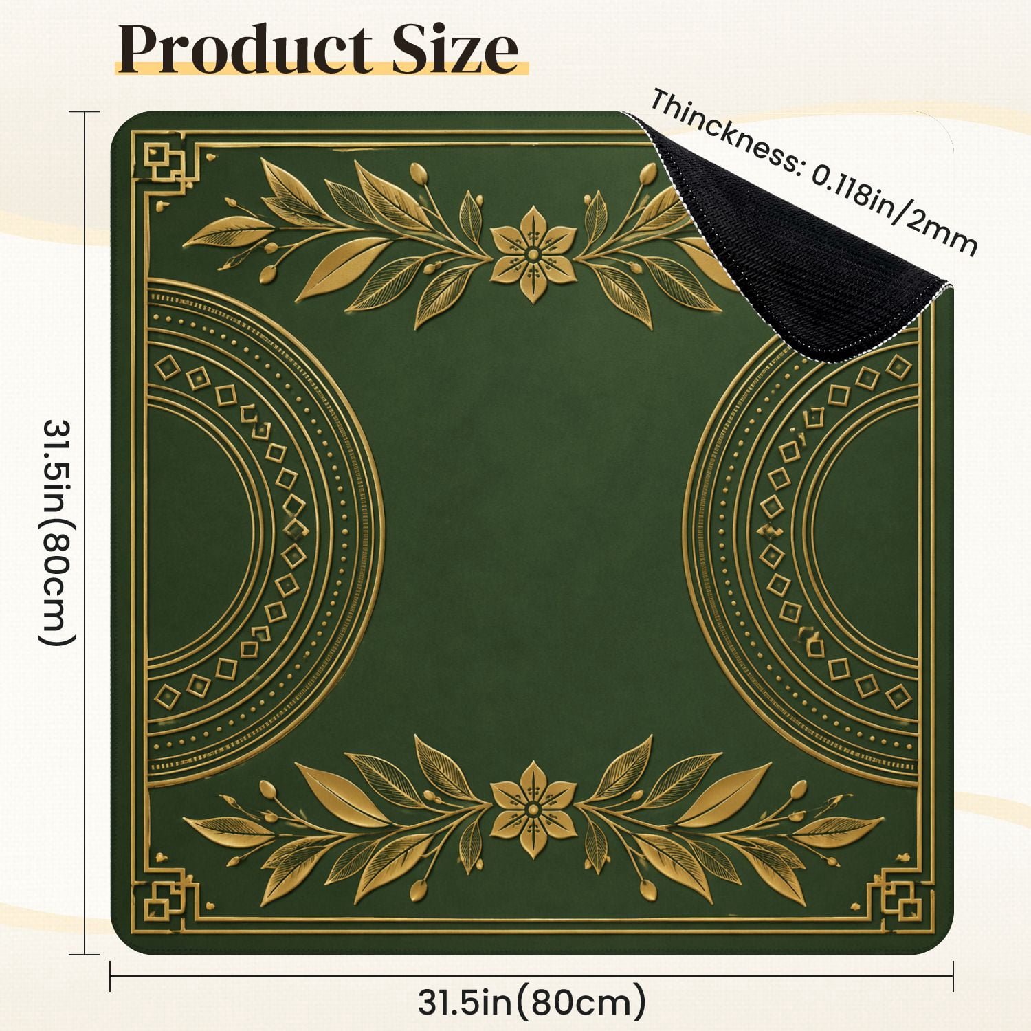 Mahjong Mat 31.5" x 31.5" Elegant Green Geometric Gold Lotus Circular Accents Non-Slip Noise Reduction Mahjong Tiles Table Cover for Dominoes Poker Card Board and Tile Games