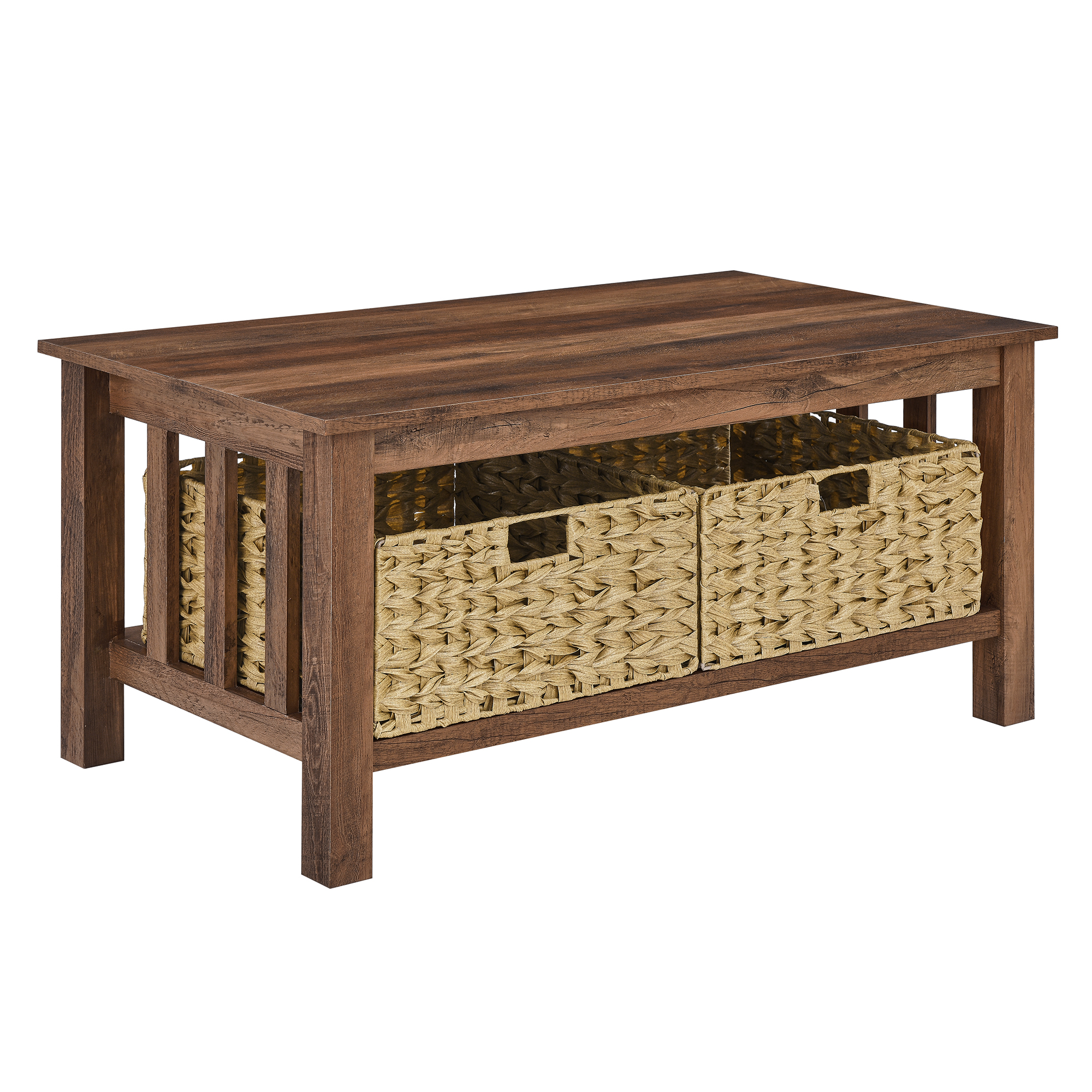 Woven Paths Farmhouse Mission Rectangle Coffee Table with Baskets, Reclaimed Barnwood