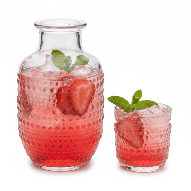 Jarra de Vidrio con Vaso, Diseño Círculos con Textura en Relieve, Mesa de Noche, Perfecto para Agua, Jugos o Infusiones, Capacidad 577 ml/ 207 ml