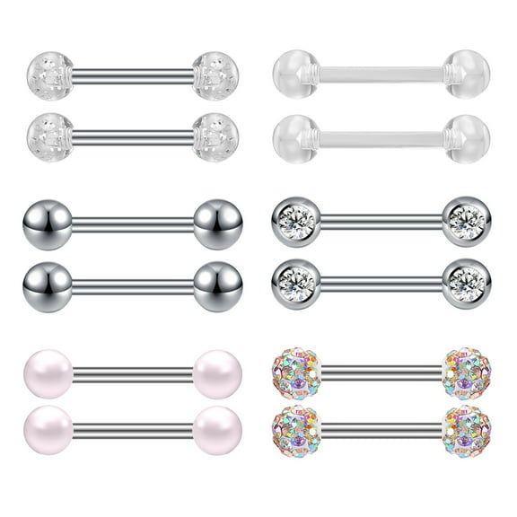 ZS 6 Pairs 14G Tongue Ring Surgical Steel/Acrylic Nipple Rings Piercing for Women Barbells Piercing Kit