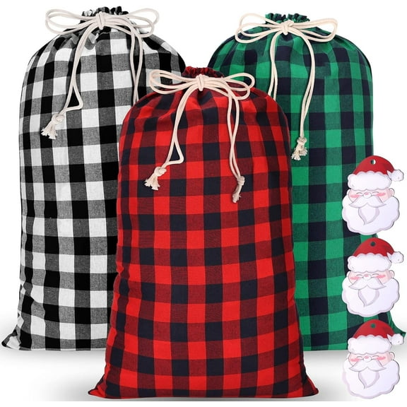 3 Pack Extra Large Christmas Bags with Drawstring, 31.5 x 17.7 Inch Large Plaid Fabric Bags Santa Sack Present Bags Stocking Storage for Christmas Party Xmas Ornaments Supplies