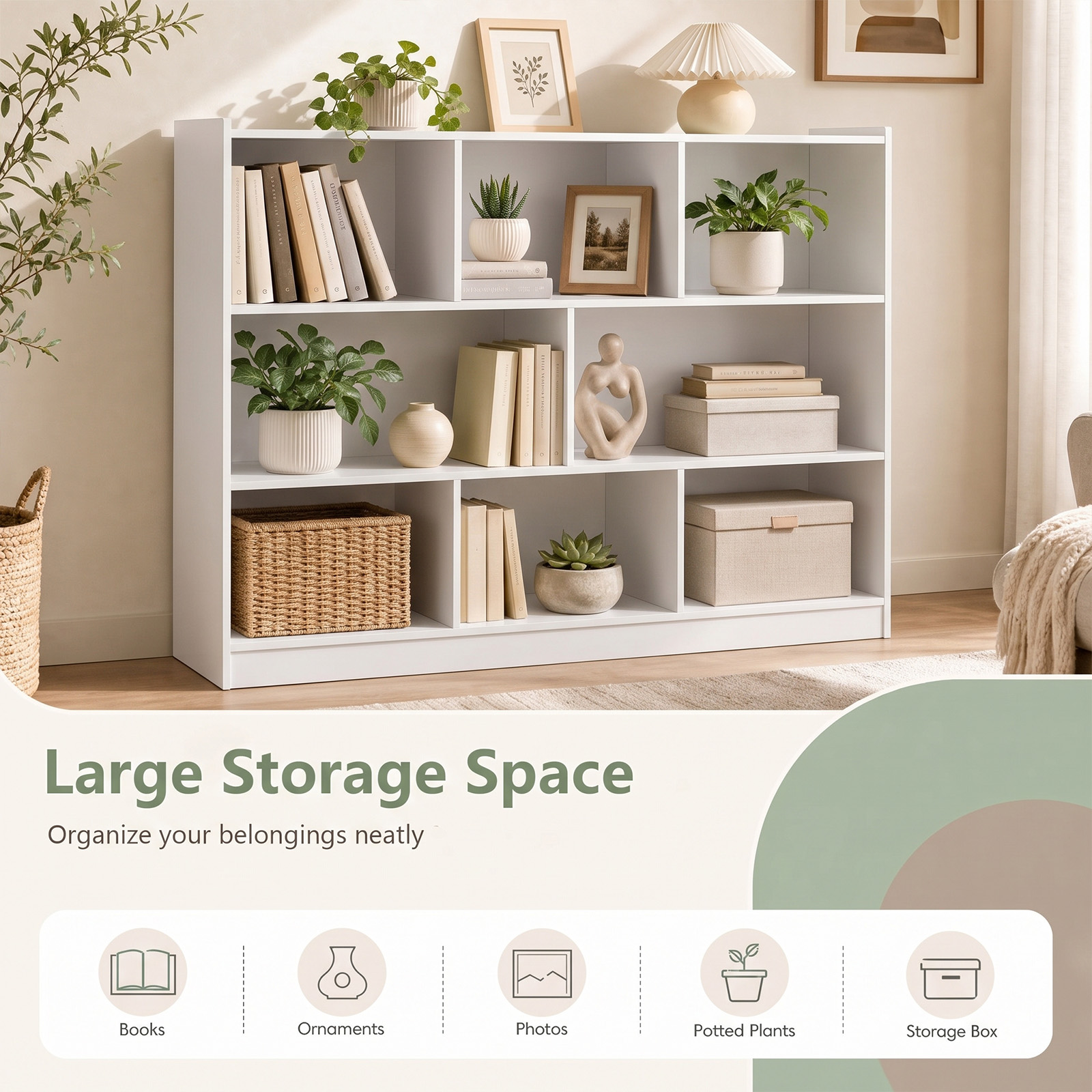 Costway 3-Tier 8-Cube Bookcase, White photo 6