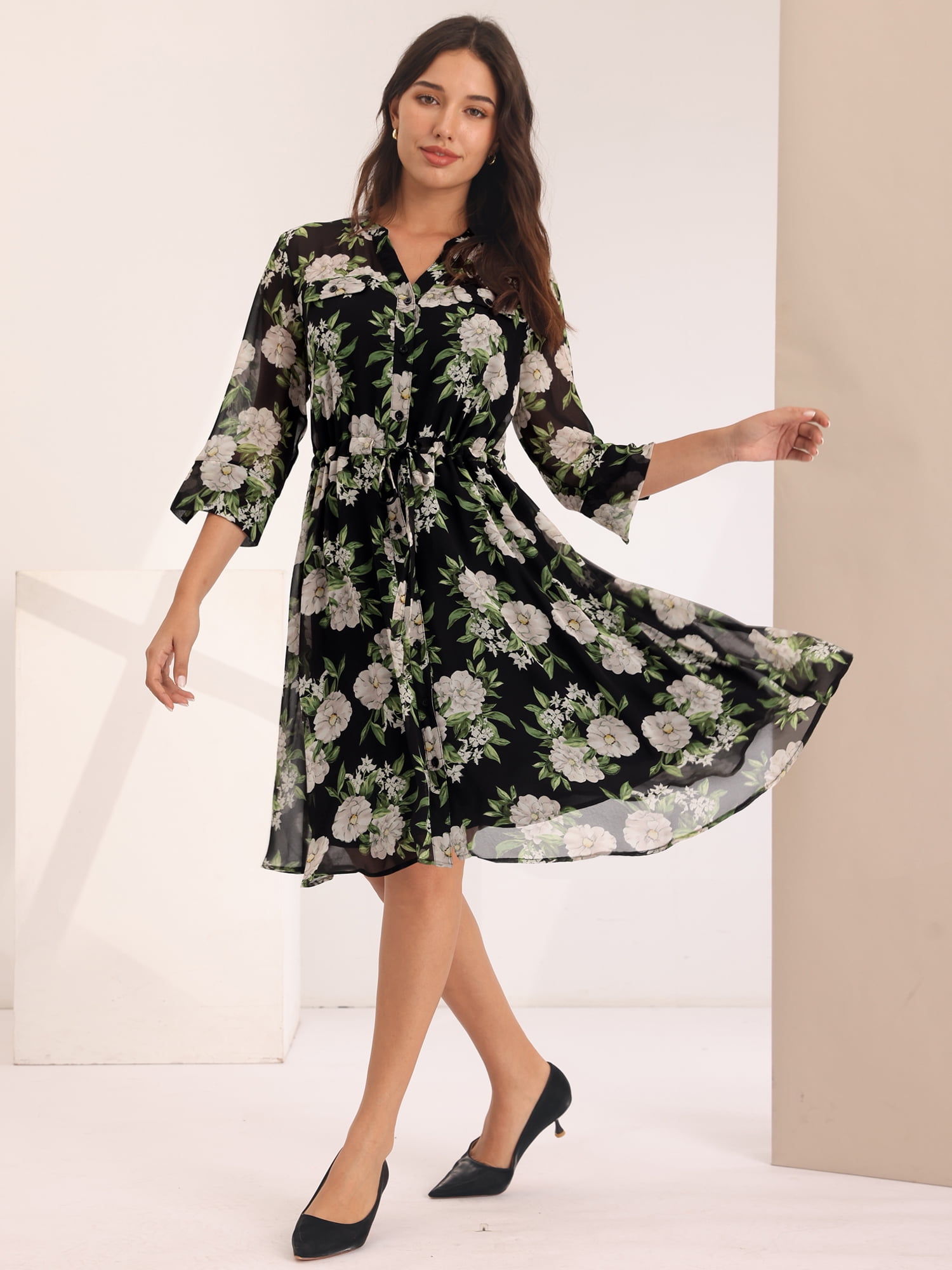 Unique Bargains Women's Floral Chiffon Half Sleeve Button Down Flare Dresses S Black