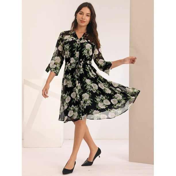 Unique Bargains Women's Floral Chiffon Half Sleeve Button Down Flare Dresses  M Black - Walmart Business Supplies
