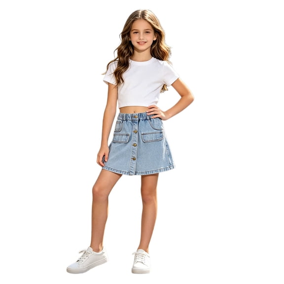 SNKSDGM Elastic Waist Light Wash A-Line Denim Skort for Big Girls, Summer Casual Pocket Mini Jean Skirt with Liner Shorts a-Blue 10-11 Years