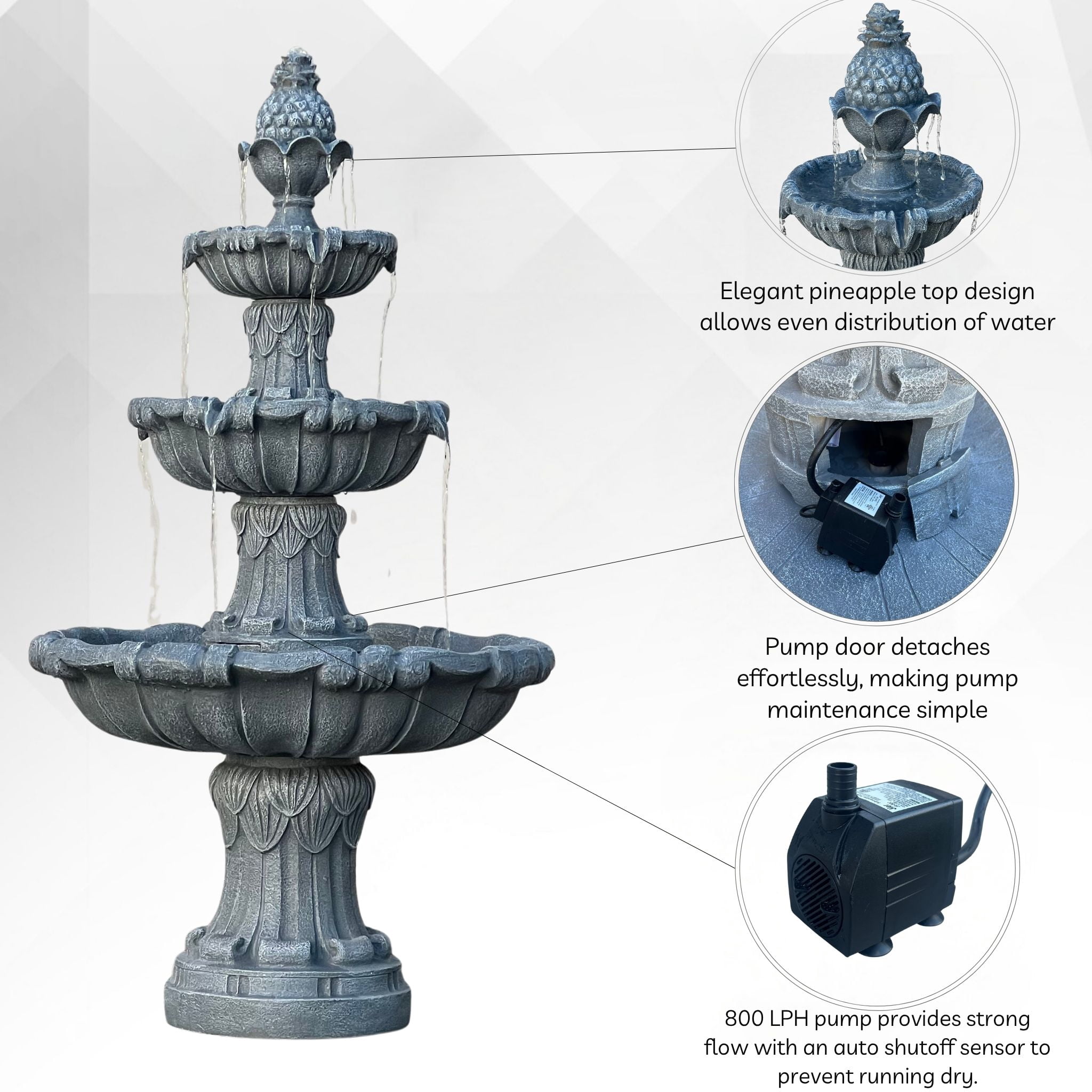 58.3" 3-Tier Electric Outdoor Freestanding Water Fountain - Classic Leaf Design, Gray Resin with Pump