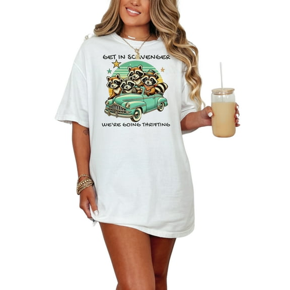 Vintage Raccoon Thrifting T-Shirt, Cute Animal Car Ride Tee, Retro Inspired Funny Shirt, Unique Gift for Thrift Lovers, Graphic Tee, White Comfort Colors T-Shirt, Small