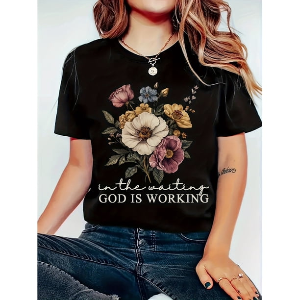 Women's Vintage T-shirts-Inspired Floral & Inspirational Quote T-Shirt - Casual Short Sleeve Round Neck Top, Machine Washable, All-Season Comfort, Everyday Outfit, Faithbased Design, Soft Texture
