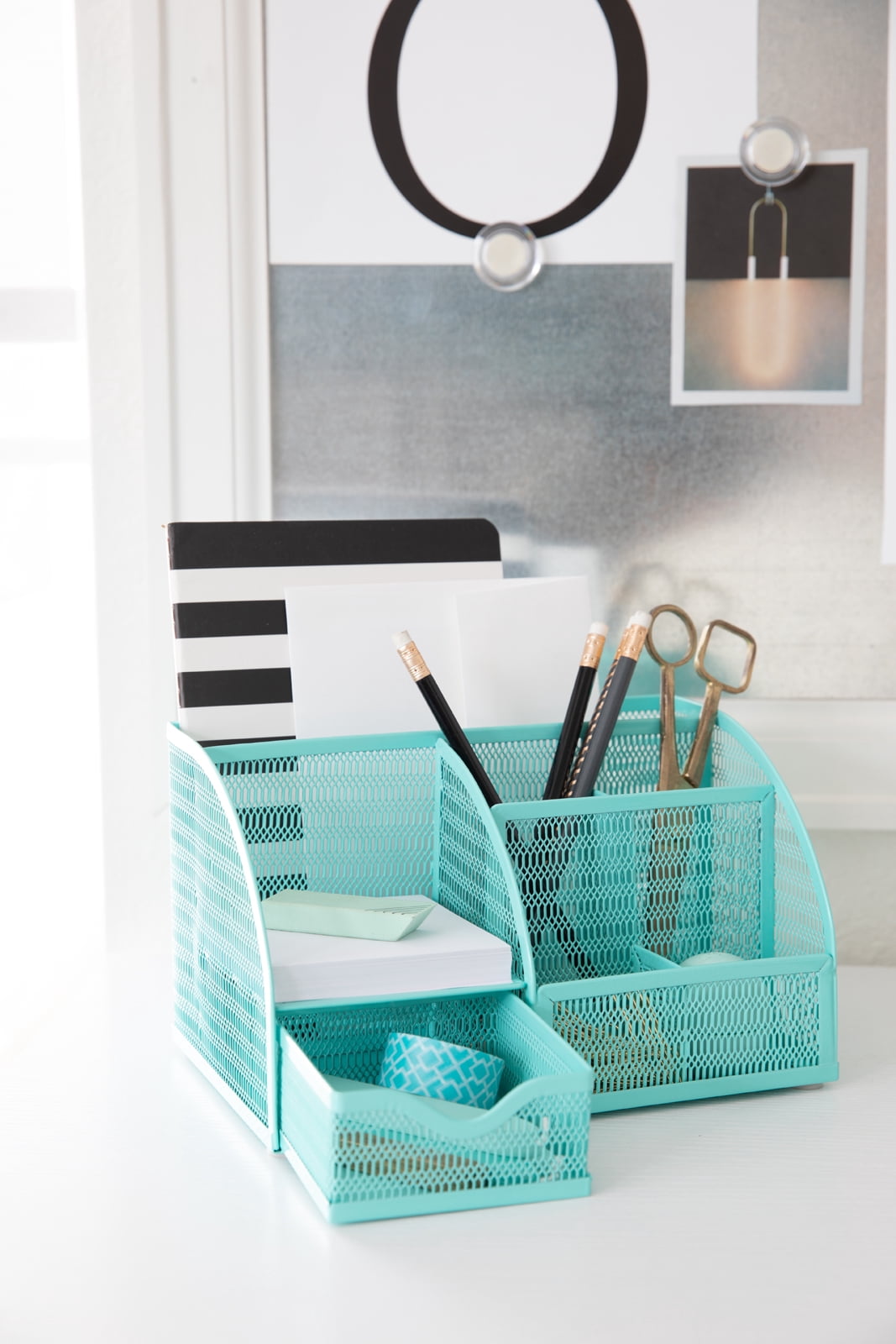 Blu Monaco Unique Metal Aqua Desk Organizer with Drawer