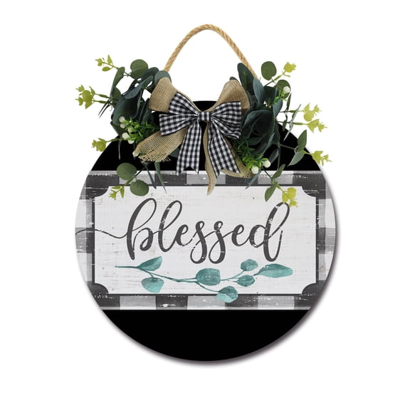 Blessed Door Sign Home Decor Round Wood Wreaths Wall Hanging Sign Farmhouse Porch Sign Front Door Decoration for Housewarming Gift All Seasons Holiday,12In