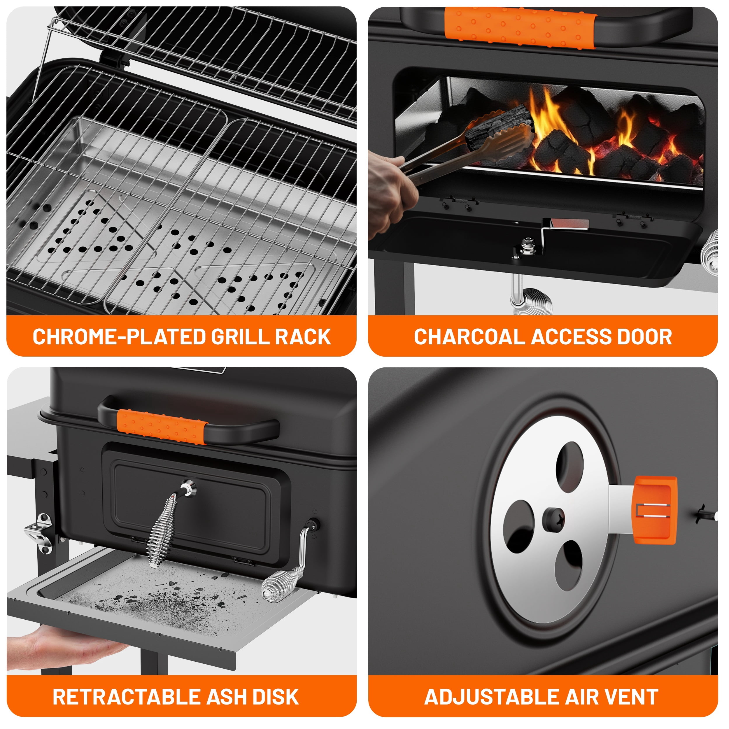 KEYO GRILL Large Charcoal Grill with Foldable Side Tables,Height-Adjustable Pan&Charcoal Door for Backyard,Black