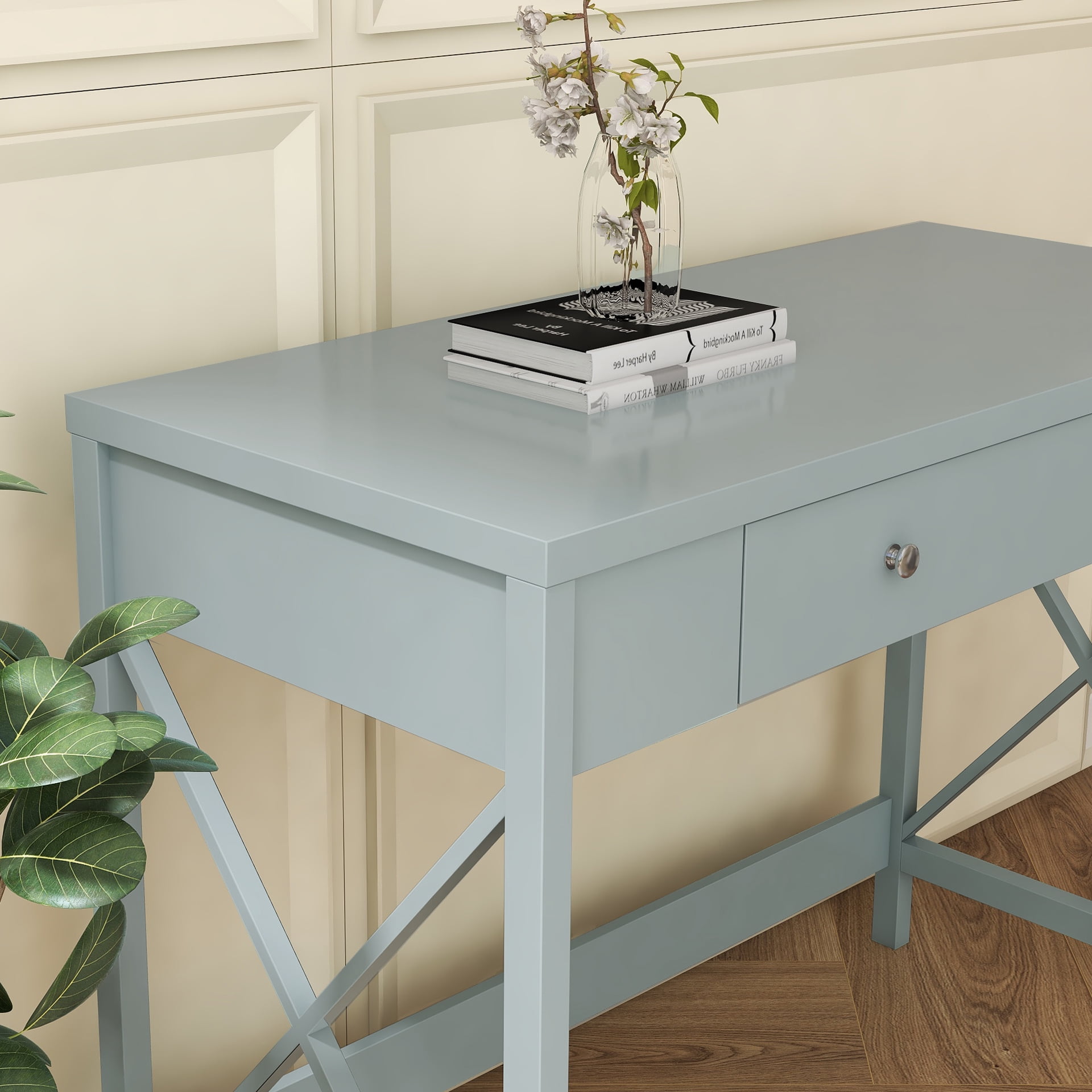 Resenkos Modern Accent Makeup Vanity Dressing Table with Storage Drawer, Study Writing Desk for Home Office, Grey Resenkos Modern Accent Makeup Vanity Dressing Table with Storage Drawer, Study Writing Desk for Home Office, Grey