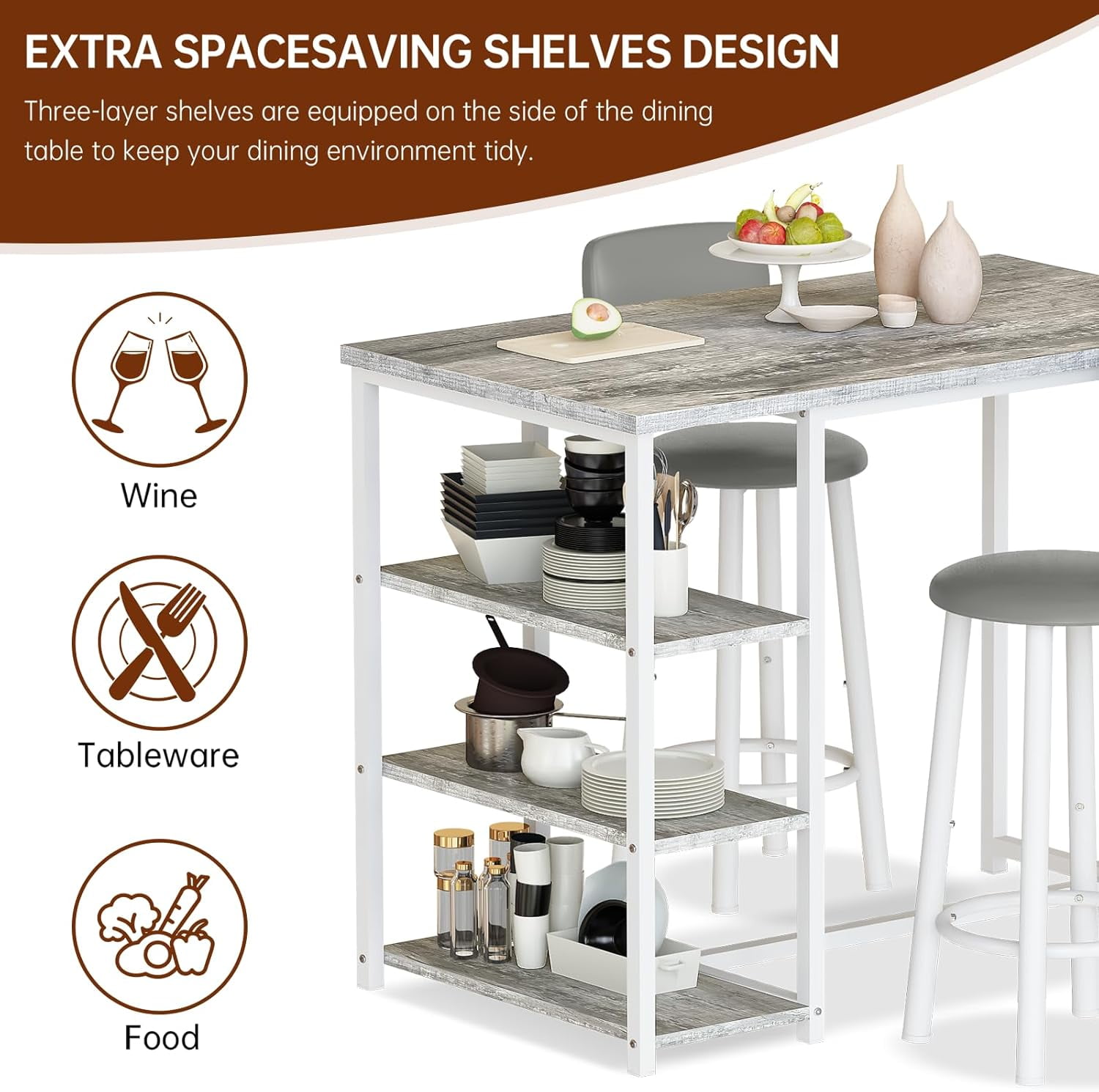 LinkRomat Dining Table Set for 2,3 Piece Pub Table and Chairs Set with Storage Shelves, Small Space Bistro Kitchen & Bar Tables, Counter Height Dining Set, Gray