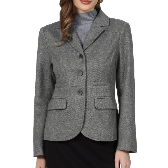 DARING DIVA Women's Herringbone Blazer Lapel Collar Suit Jacket S Dark Grey