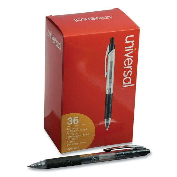 Universal UNV39910 0.7 mm. Medium Comfort Grip Retractable Gel Pen - Black Ink, Clear/Black Barrel (36/Pack)