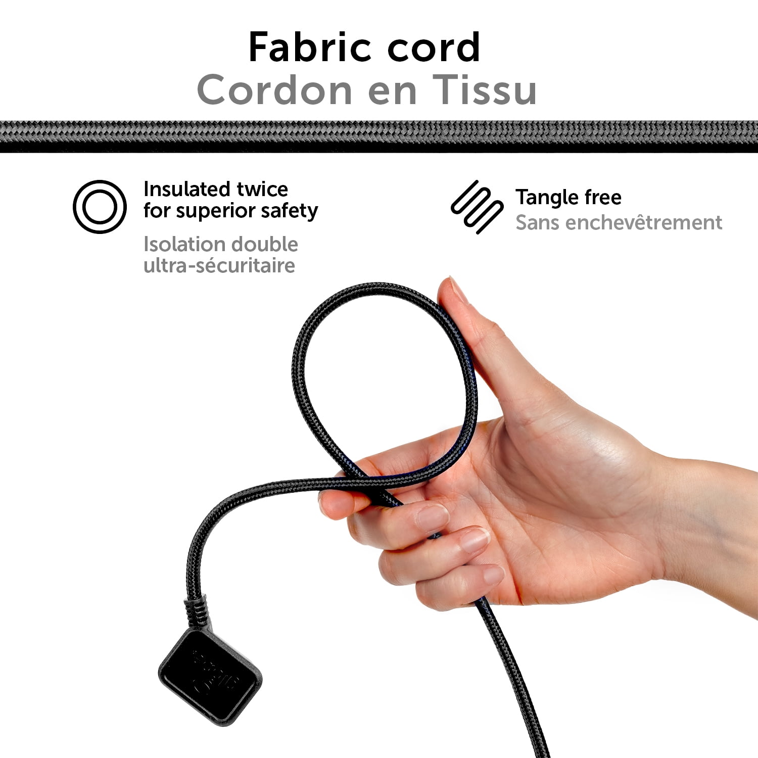 Globe Electric 12 ft. 3-Outlet 16/3 Black Fabric Extension Cord with Right-Angle Plug and Integrated Hanging Hook