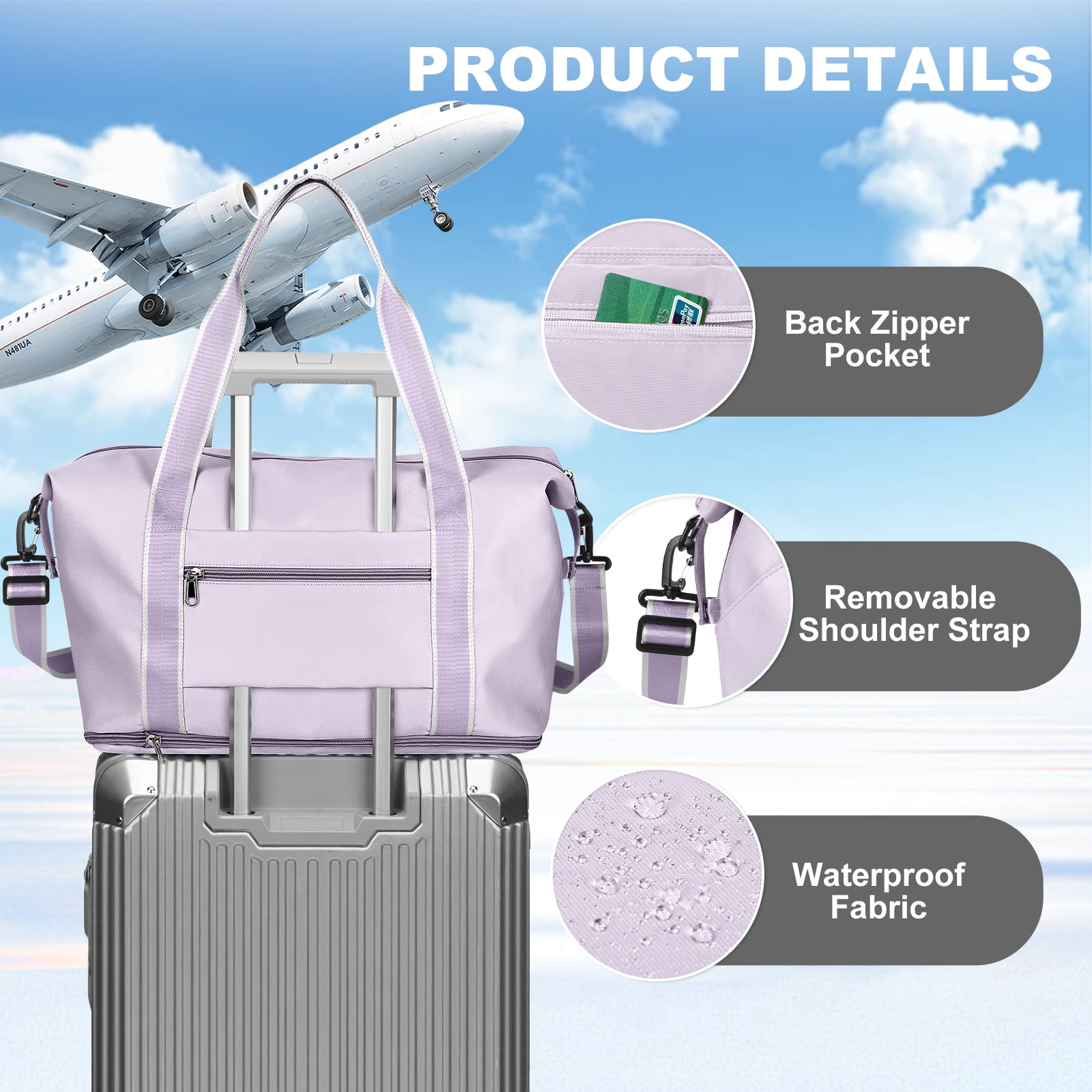 Travel Bag, Waterproof Duffel Gym Tote Bag, Weekender Carry On Overnight Bags for Women Men Approved Personal Item Bag for Airlines with Trolley Sleeve, Travel Duffel Bags, Purple White