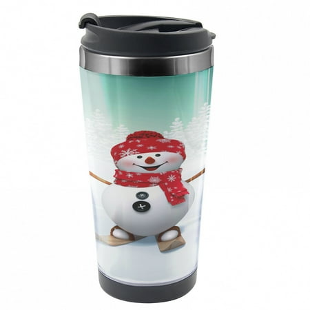 

Christmas Travel Mug Skiing Snowman Trees Steel Thermal Cup 16 oz by Ambesonne