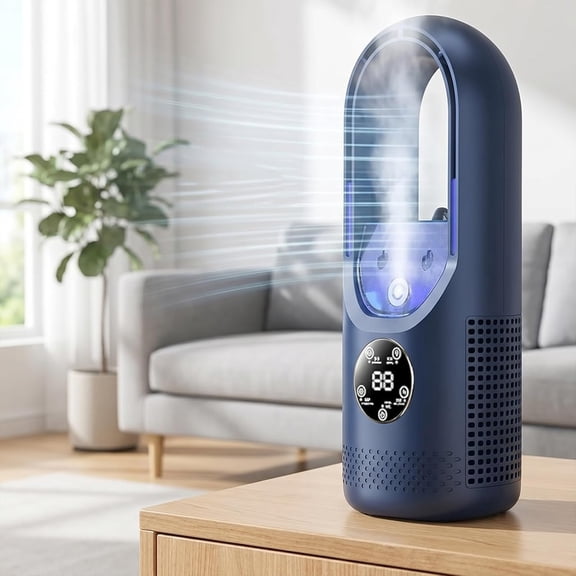 6-Speed Bladeless Electric Fan with Light, Portable Desktop Misting Tower Cooler with Remote Control, Quiet Oscillating Water Cooling Air Humidifier for Bedroom Office Room and Home