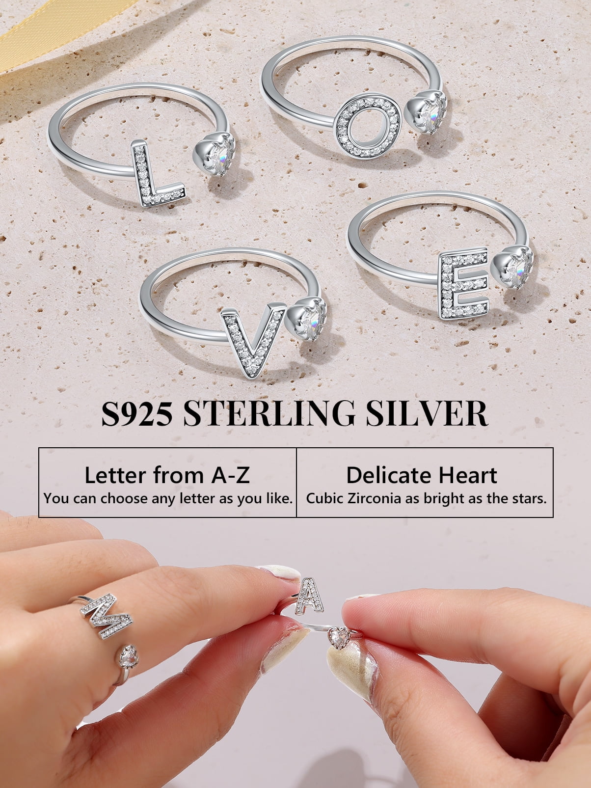 Silvora Sterling Silver Heart Open Ring for Women with Cubic Zirconia, Engagement Wedding Jewelry, Size M