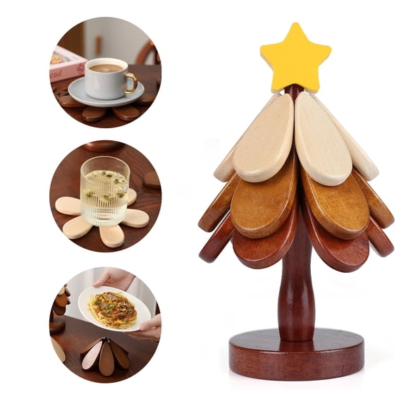 DZORUN Christmas Tree Trivet Table Mat for Hot Dishes Tree Trivet Wooden Tree Coasters Set of 3 Table Decor Coaster for Home and Restaurant flower tea Coffee cup coaster