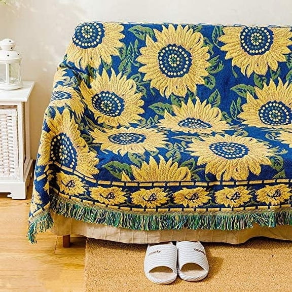 Sunflower Colorful Boho Throw Blanket for Couch, Cotton Linen Jacquard Reversible Double-Sided Woven Aztec Bed Couch Throws Soft Oversized Chair Sofa Cover with Tassel