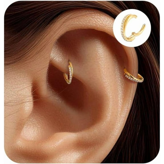 2PCS Cartilage Helix Piercing Earrings For Women Titanium Rook Jewelry Small Double Hoop Conch 16G Tragus 14K Gold Plated Hypoallergenic For Sensitive Ears