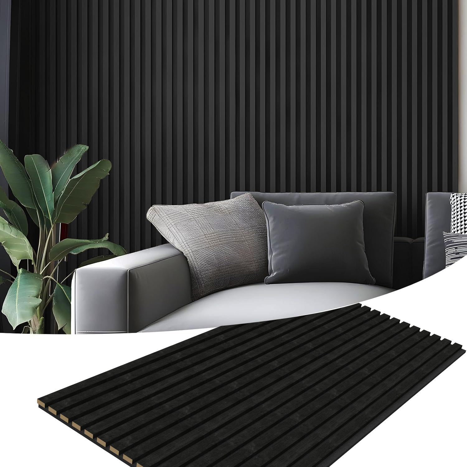 4pcs Wood Slat Acoustic Panels, 47.24" x 11.02"  inch, MDF Accent Wooden Wall Panels for Modern Interior Wall Decor, Faux Wood Wall Board Panels for Noise Reduction, Black