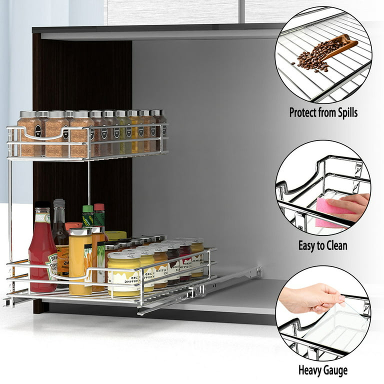 Fuleadture Slide Out Under Sink Cabinet Organizer - Pull Out Two Tier  Sliding Shelf -12in wide x 18inch deep - Silver 