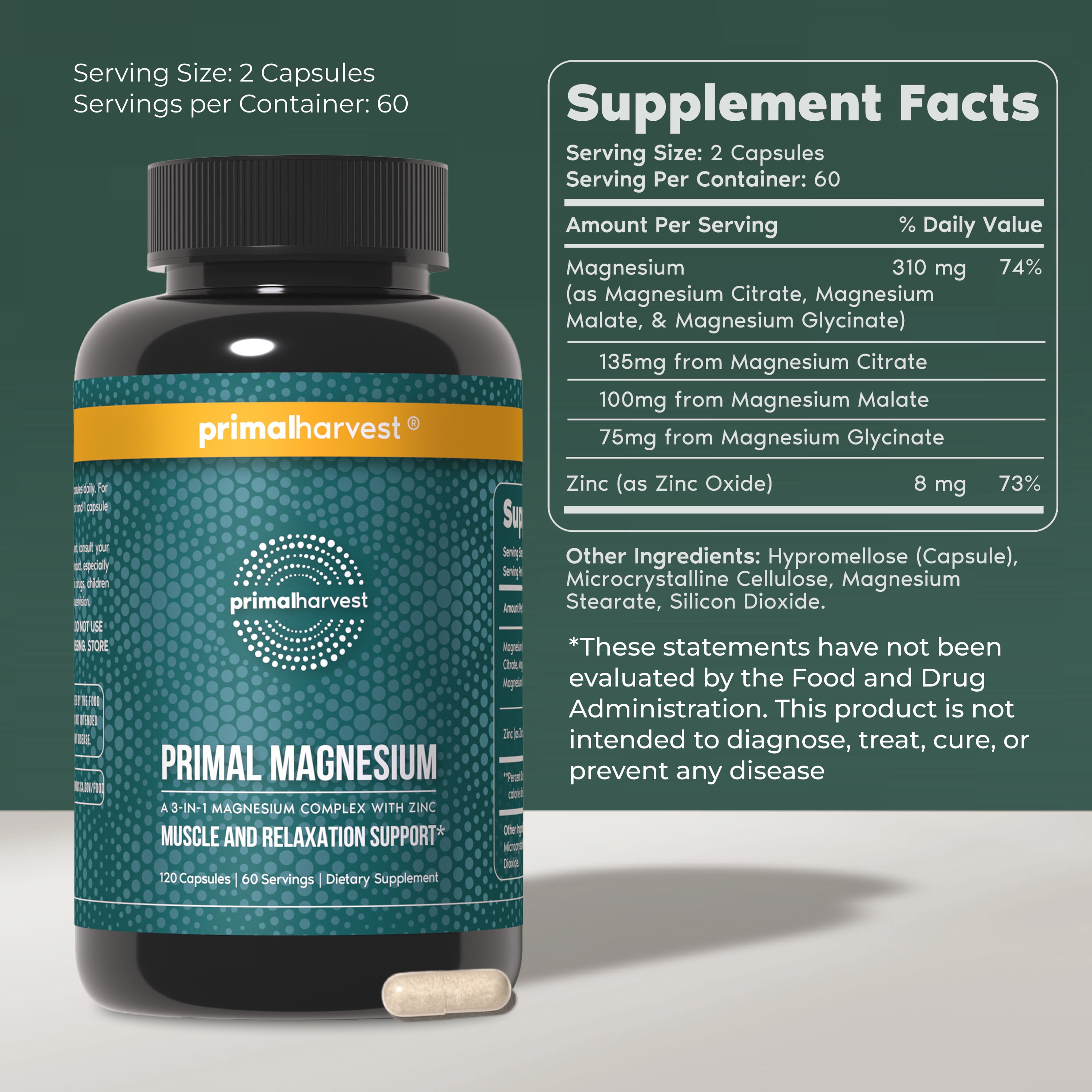Primal Harvest Magnesium Complex, 120 Capsules: 310mg 3 Types of Magnesium, Zinc