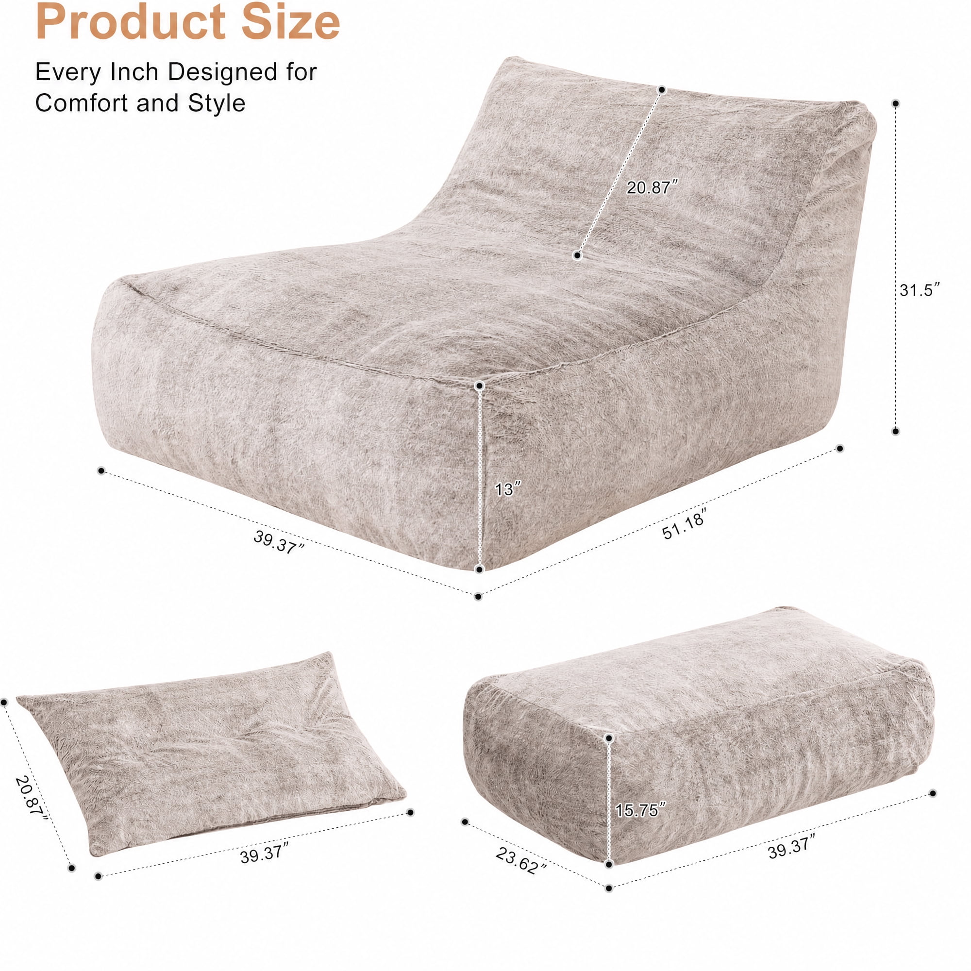Alvantor Convertible Plush Sofa Bed with Ottoman and Pillow, Oversized Shaggy Faux Fur Floor Sofa, Foam Filled Armless Sleeper for Living Room, Bedroom, Dorm