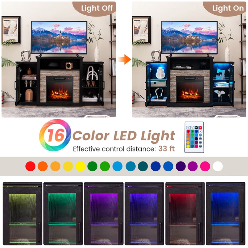 Finihen TV Stand, TV Cabinet, Fireplace TV Stand with 16-Color Led Lights for TVs up to 65 Inch, for Living Room, Bedroom, Black