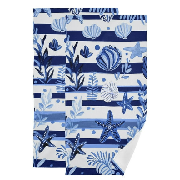 Navy Blue Stripes Leaves Starfishes Shells Hand Towel Absorbent Bath Towels for Bathroom Sports Gym 28" x 14" Set of 2