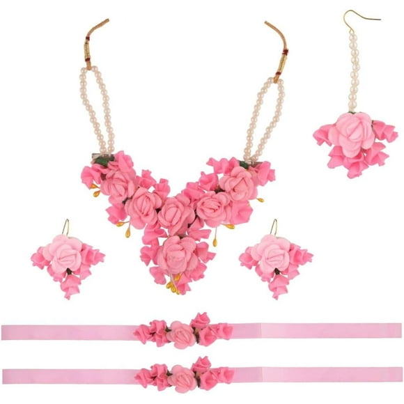 SHIQI-Floral Indian Jewelry Set Flower Floral Beaded Faux Pearl Necklace Earrings Maang Tikka Bracelet Set Jewelry for Haldi Mehandi Jewelry for Women
