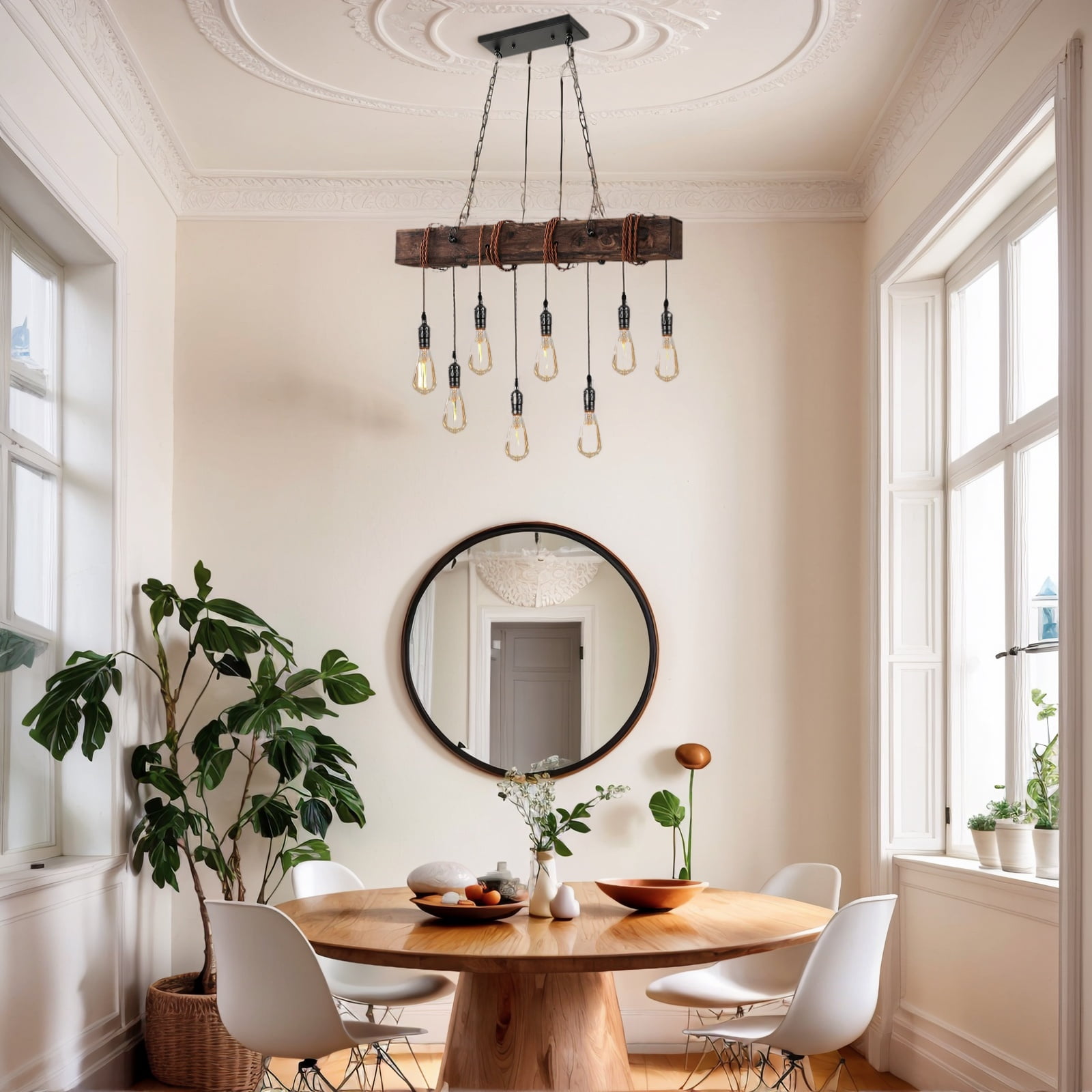Dining Room Light Fixture, Farmhouse Pendant Lights Kitchen Island Rustic 8 Lights Wood and Black Metal Rectangular Chandelier Ceiling Hanging Lighting