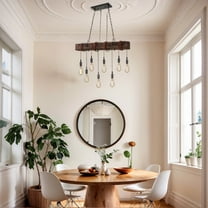 Dining Room Light Fixture, Farmhouse Pendant Lights Kitchen Island Rustic 8 Lights Wood and Black Metal Rectangular Chandelier Ceiling Hanging Lighting