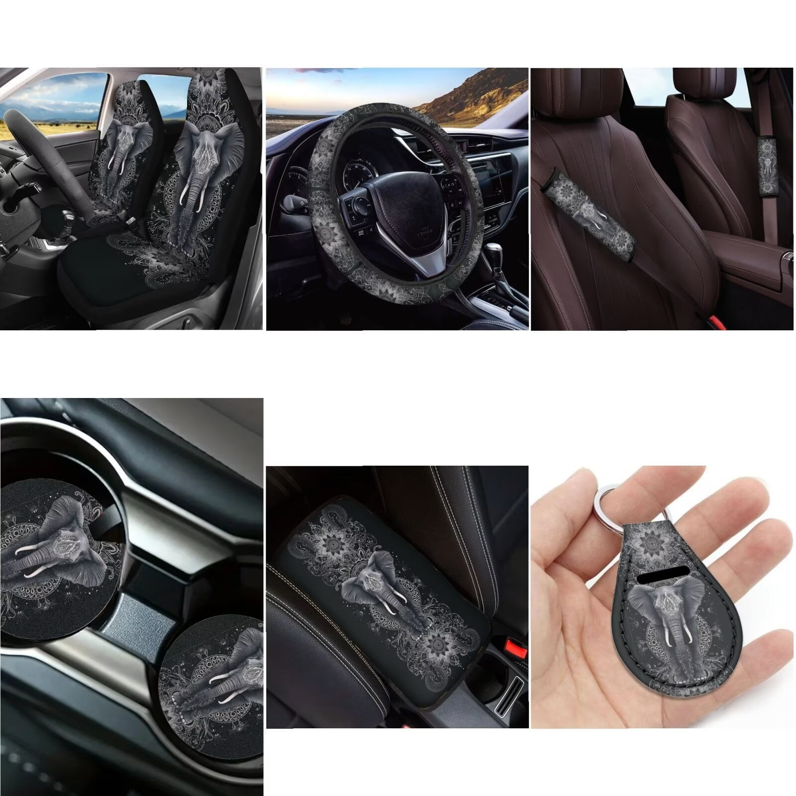 LedBack 12 Pcs Boho Elephant Car Seat Cover Full Set for Women Men, Universal Car Accessories Non Slip Steering Wheel Covers Soft Armrest Pads Seat Belt Cover Coaster for Cars Trucks SUVs