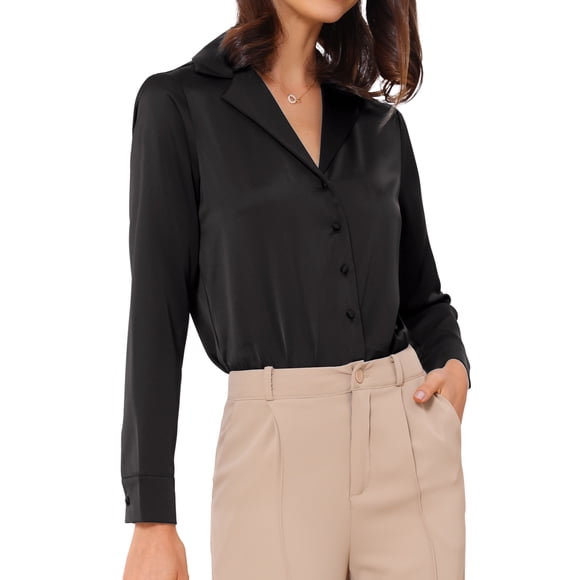 CAMISA LEOTARDO DE BOTÓN INSPIRADA EN CHIC PARA MUJER, BLUSA DE SATÉN DE MANGA LARGA CON SOLAPA DE MUESCA PARA TRABAJO TALLA S NEGRO
